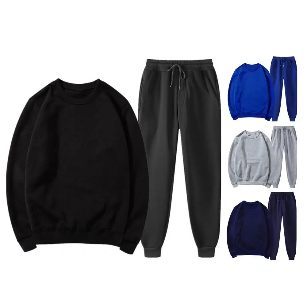 2Pcs/Set Sports Suit Round Neck Long Sleeve Pullover Tops Elastic Drawstring Waist Long Pants Set Office Workout Outfit