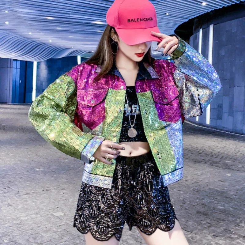 Women Sequins Denim Bomber Jacket Hip Hop Loose Harajuku Holes Spliced Embroidery Beading Coat Cardigan Jeans Streetwear Rompers