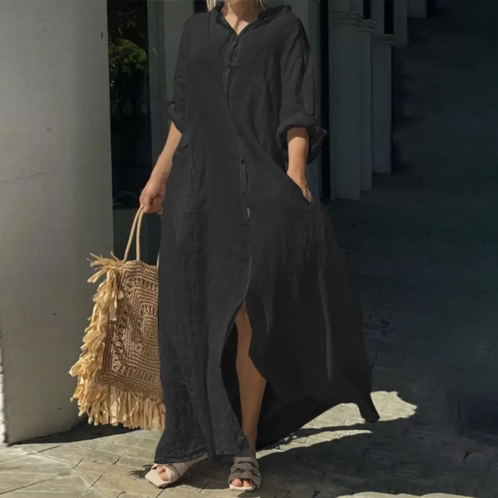 Damskie elegancka sukienka Maxi sukienka trapezowa z kieszeniami na dekolcie w szpic dla kobiet miฤkkie oddychajฤ
ce do kostek lato na wiosnฤ