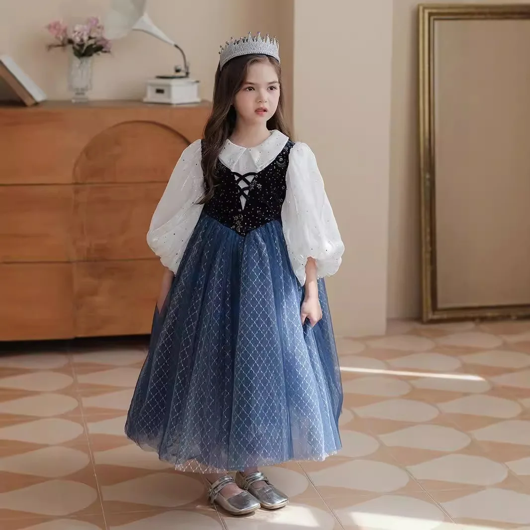 Girl Anna Princess Dress Children Casual Spliced Color Princess Puffy Gown With Cloak Fancy Party Dress Festive Costume for Girl