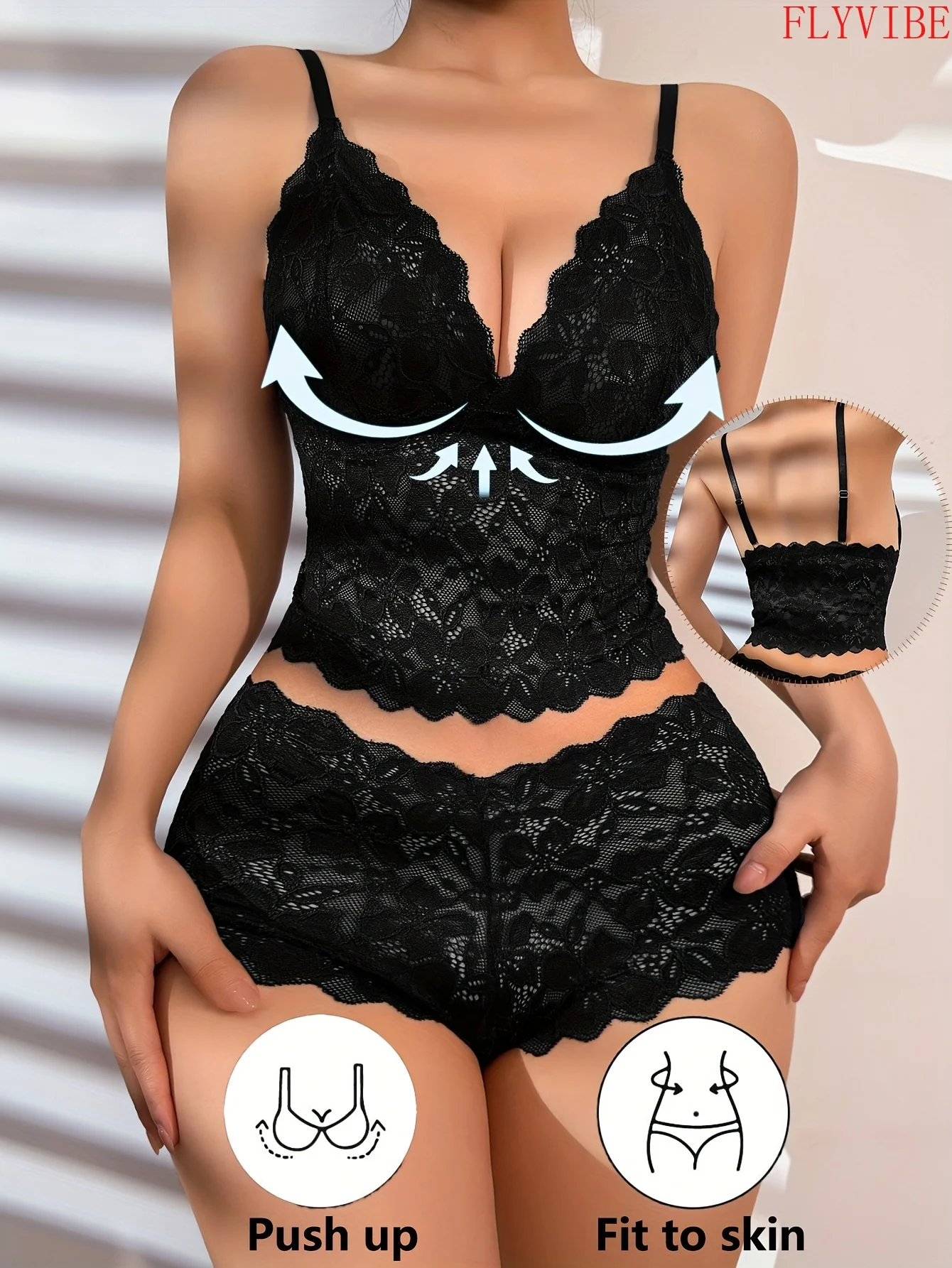 Women 2Pcs Sexy Black Lace Lingerie Set Deep V Neck Floral Lace Camisole Top Semi Sheer Bralette Underwear Ladies Intimate Bedroom Wear