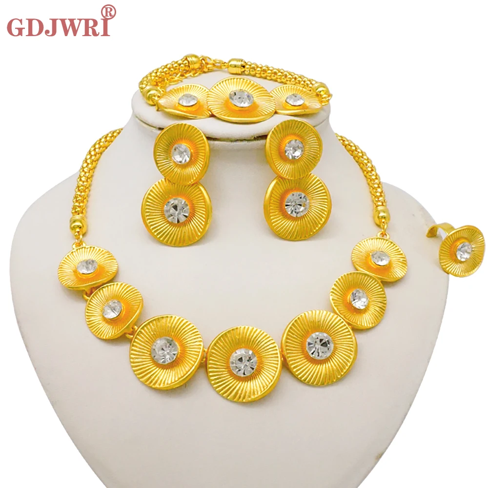 Luxus Dubai Gold Farbe Doppels chicht Halskette Schmuck Sets für Frauen afrikanischen Wasser tropfen Kristalls chmuck indischen Set Geschenke – Detail 13