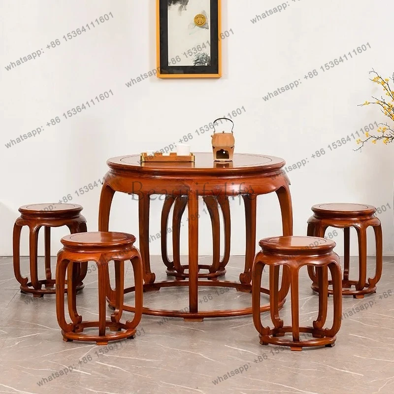 household sandalwood round table casual table and chair combination Chinese classical solid wood round tea dining table