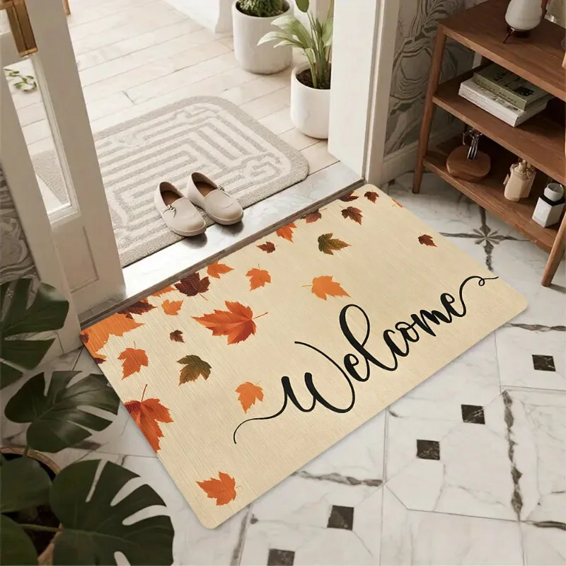 Maple Leaves Falling Welcome Door Mat Non Slip Bedroom Bathroom Kitchen Doormat Polyester Home Carpet Farmhouse Autumn Decor Rug