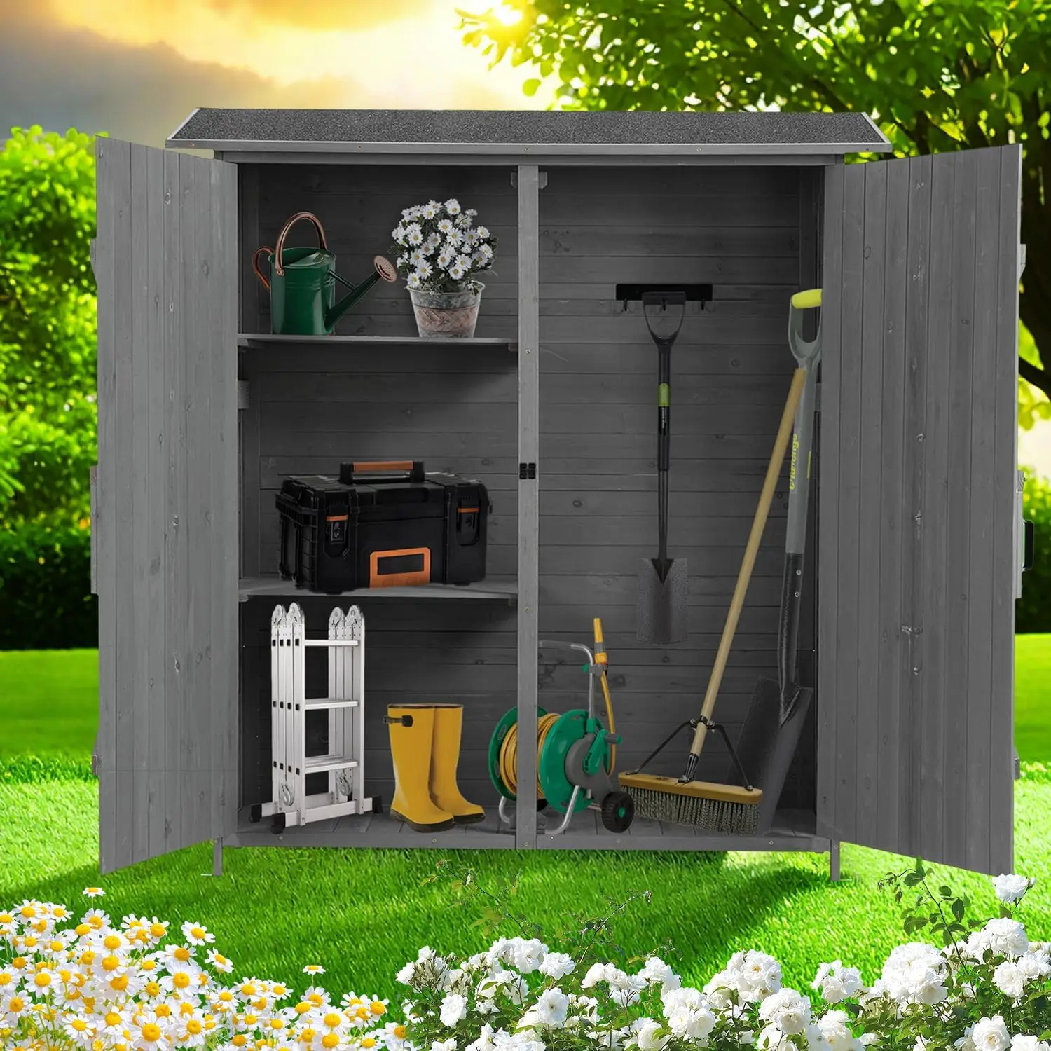 

56" Outdoor Wood Storage Cabinet, Fir Storage Shed, Outdoor Storage Shed with Metal Latch, Removable Shelves and Asphalt Roof