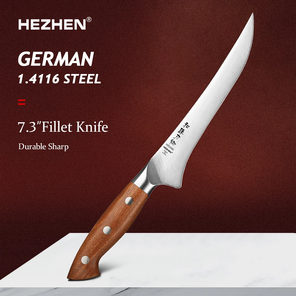 HEZHEN 7.3 Inches Fillet Knife German 1.4116 Steel Kitchen Filleting Knife Cutter Kitchen Tools Gift Box Redwood Handle