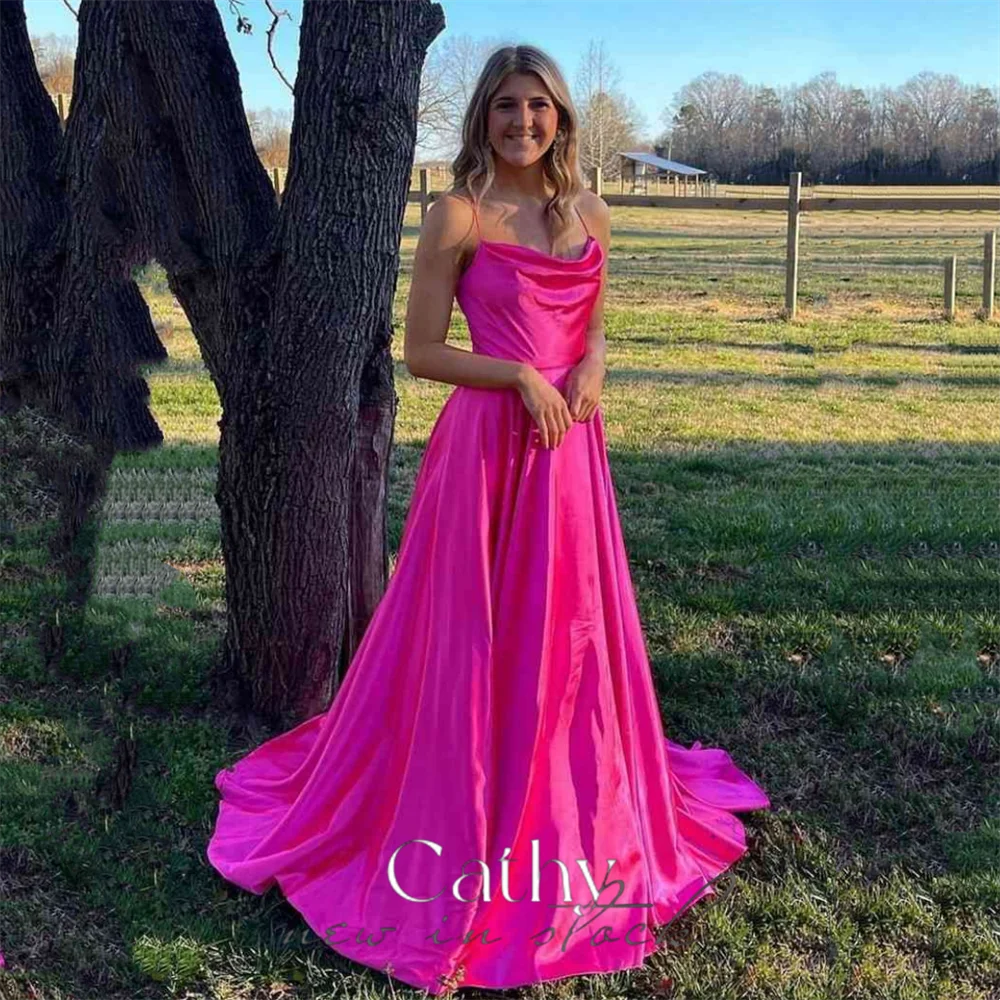 

Cathy Simple Fuchsia Vestidos De Noche Silk A-line Prom Dress 2023 Sexy Spaghetti Strap Side Split Satin فساتين السهرة