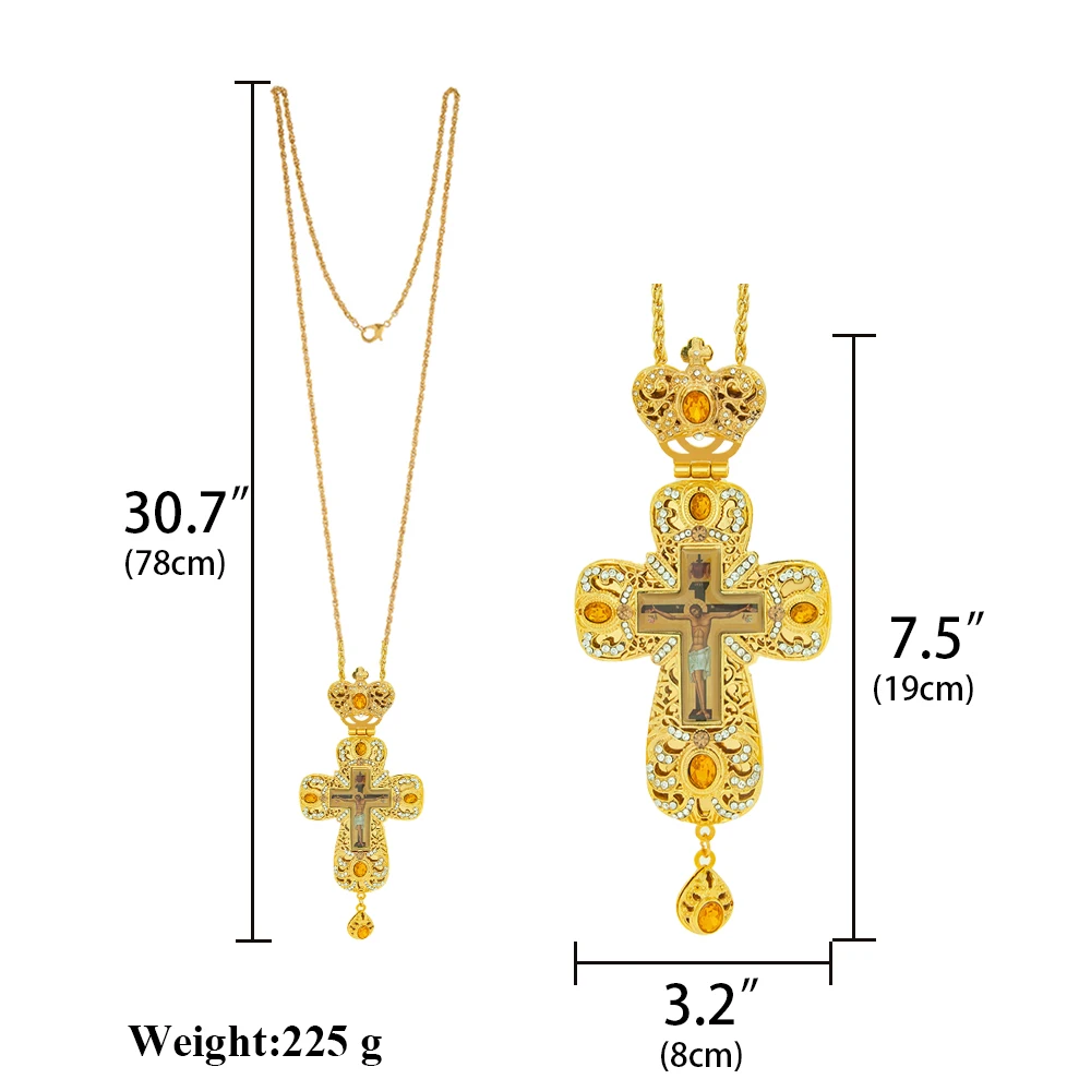 HTISOK Orthodoxes Kreuz-Anhänger, Zinklegierung Jesus-Anhänger, vergoldet mit gelben Edelsteinen und Strasssteinen, Geschenkbox Priesterkreuz – Detail 1
