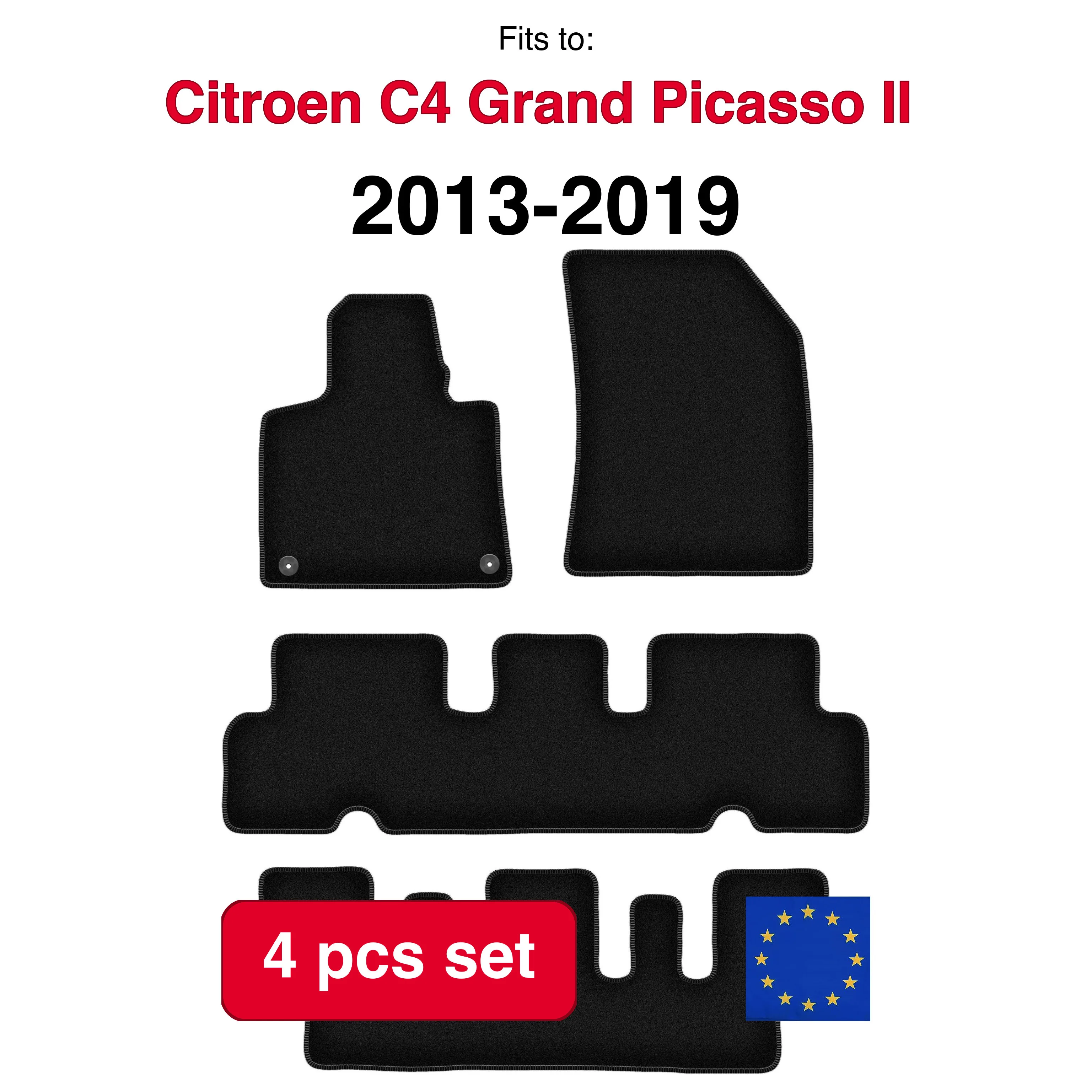 Image of Veloursteppich-Set für Citroen C4 Grand Picasso II Minivan 7-Sitzer (2013-2019) - Schwarz (4 Stück) passgenaues Auto-Fußmatten-Set
