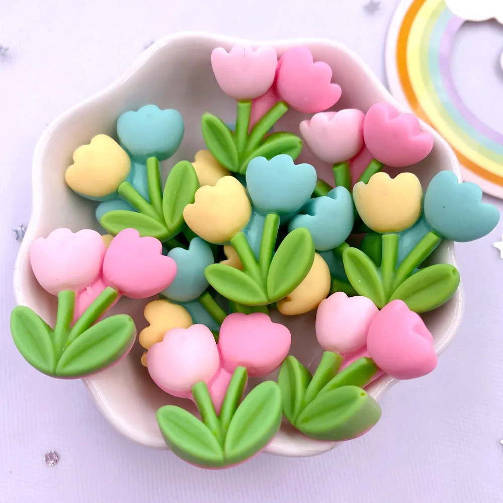 Painted Resin Kawaii Colorful A Bunch of Tulips Flatback Stone  Scrapbook Figurines 10PCS DIY Bow Decor Accessories Crafts OM404