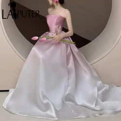 Dyeing Pink Shiny Prom Dresses Strapless Neck Satin A line Evening Celebrity Dress Hand-made Big Flower Box Pleat Formal Dress