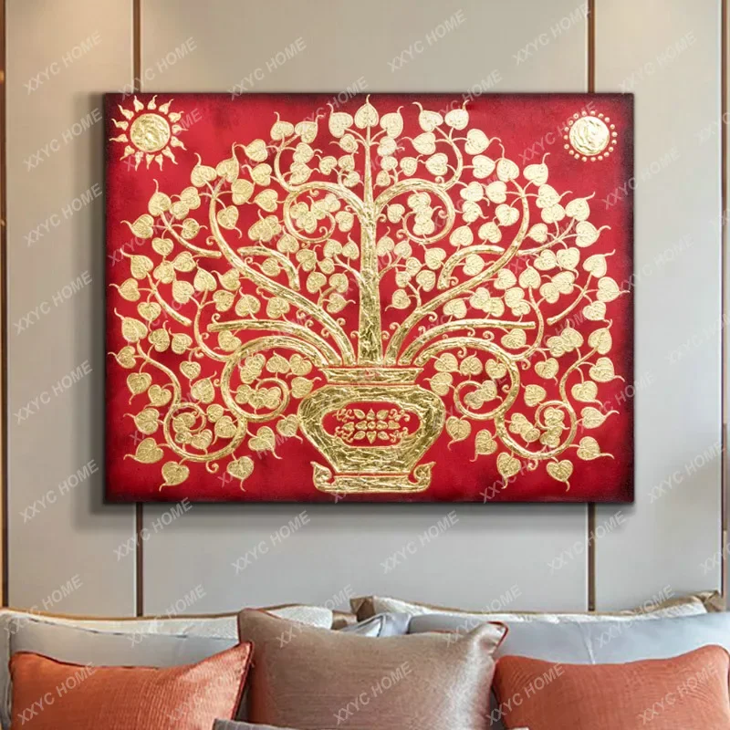 Southeast Asia Gold Foil  Hotel Bedroom Study Mural Living Room Decorative  Corridors Hallway Bodhi Tree Hanging Painting