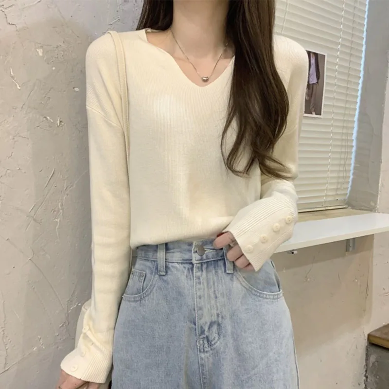 محبوك سترة المرأة البلوفرات جديد طويل الأكمام الخامس الرقبة الأسود متماسكة سترة البلوز المرأة بلايز تريكو Sueters De Mujer Q1034