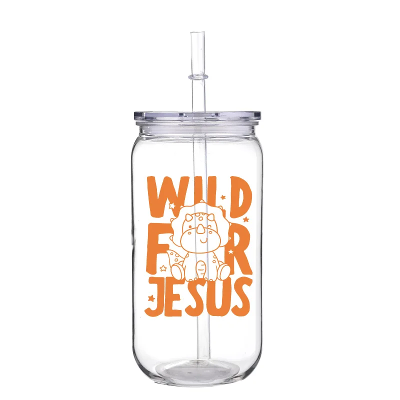 Cartoon God Jesus Design 16oz Printed PET Cup With Straw Transparent Lid Can Hold Milk Juice Beer High Quality Cups