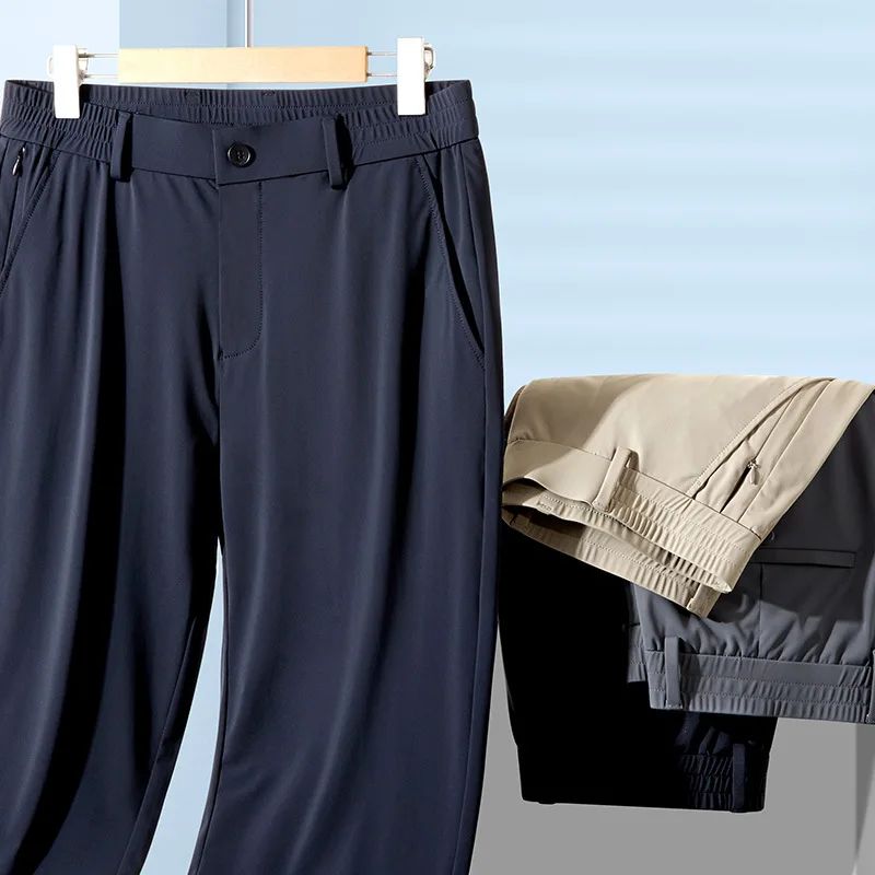 Summer New Fashion Men Super Stretchy Black Navy Grey Khaki Solid Color Simple Basic Trendy Casual Suit Trousers Male Clothes
