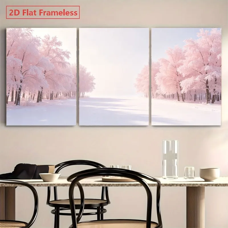 2D Flat, 3pcs Pink Snowy Forest Triptych Wall Art - Modern Minimalist Horizontal Canvas Suitable for Living Room, Dining Area