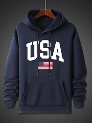 Men's autumn and winter fashionable casual loose oversized USA flag print fleece pullover hooded long sleeved sweatshirt