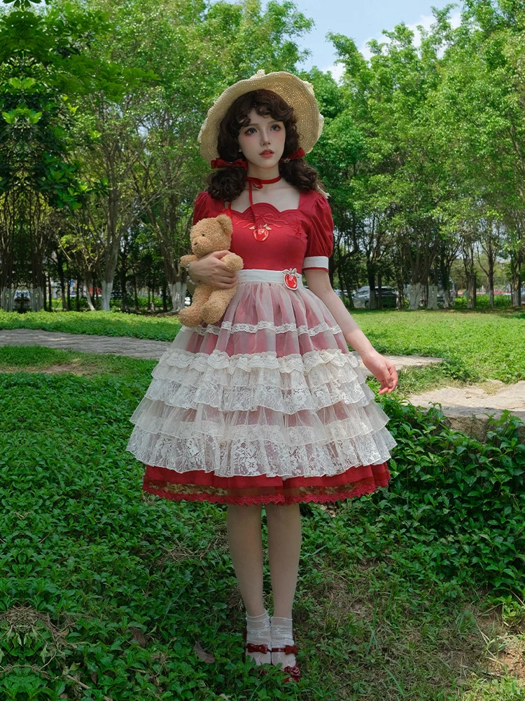 

Harajuku Japanese Original Design Cla Countryside Red Apple Embroidered Summer Dress Lolita Op Tea Party Girl Princess Women