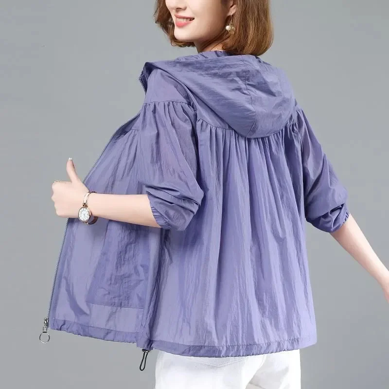 2026 Summer Thin Breathable Sun Protection Clothing Women's Loose UV Protection Hooded Coat Tops Female Outdoor Short Outwear