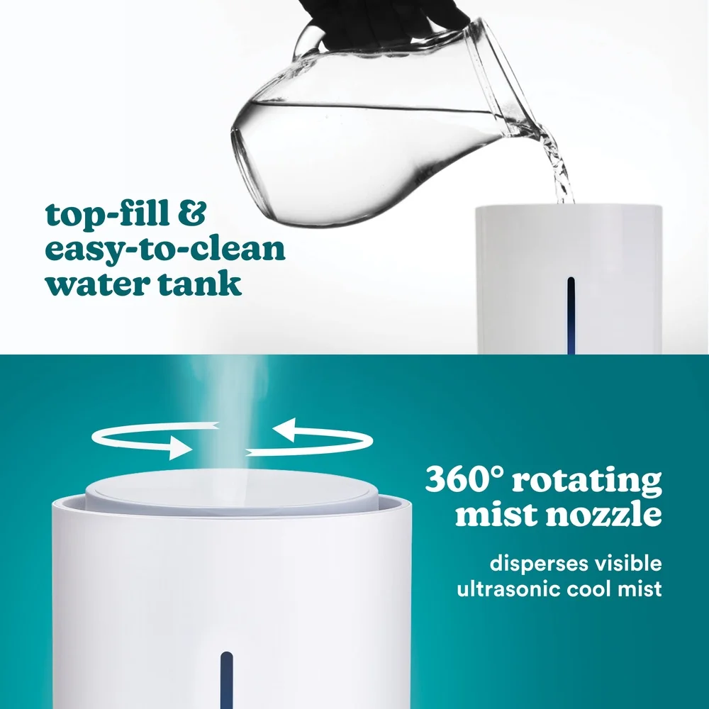 Ultrasonic Cool Mist Humidifier Top Fill with Essential Oil Tray 44 Hour Runtime Home Office 278 sq ft Coverage