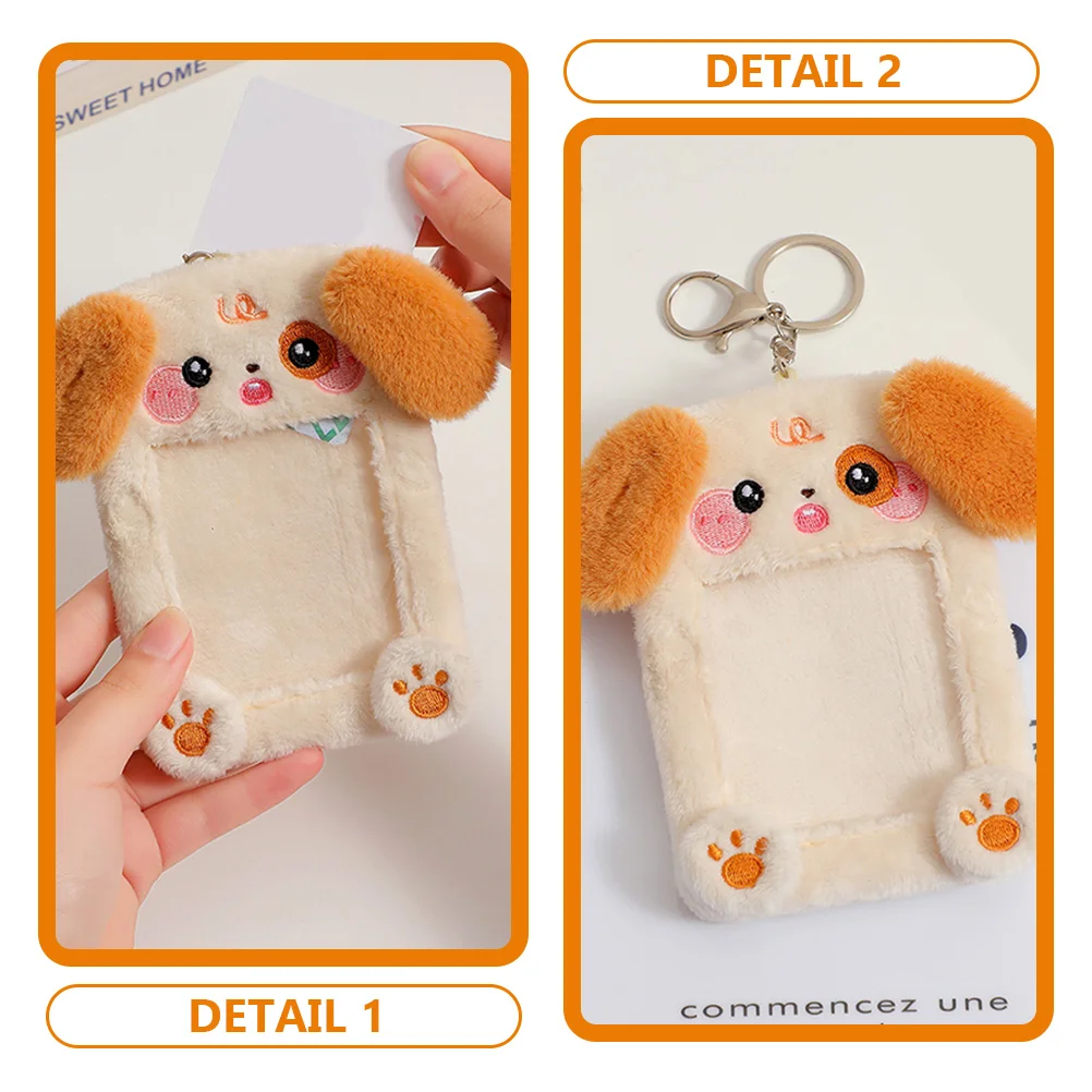 Fluffy Bunny Keychain Plush Badge Holder Animal Card Decorate for Men Postcards Id Light Brown