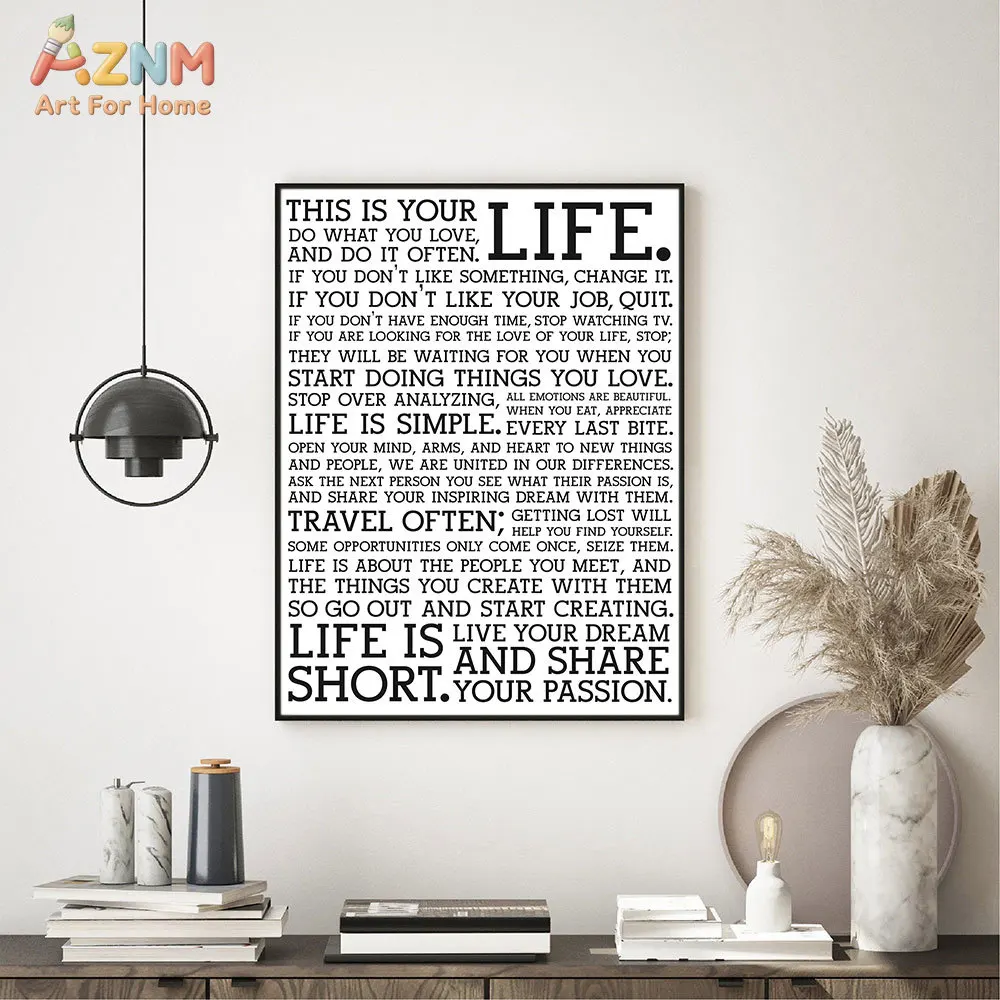 AZNM This Is Your Life Manifesto Canvas Wall Art, Black White Inspirational Life Quote Print, Frameless Motivational Typography
