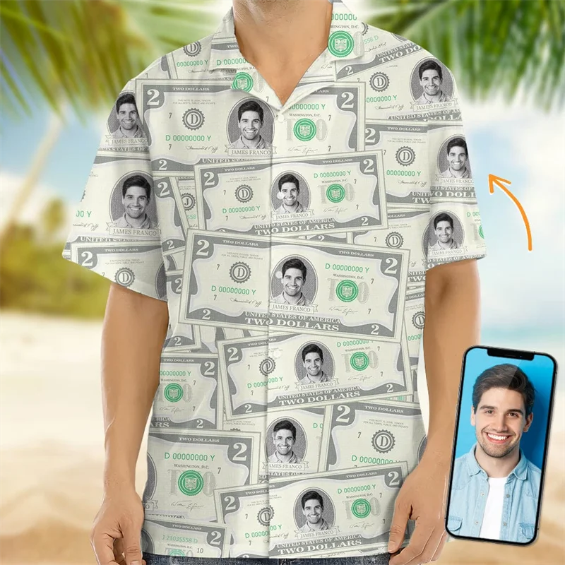 

Custom Photo Face Aloha Shirt Men Women Money Pattern Short Sleeve Casual Top For Beach And Streetwear Tops Shirts For Man