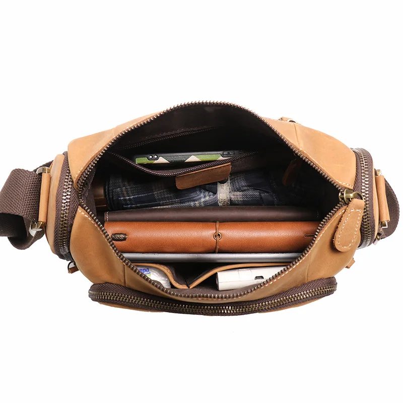 Daily Casual Wild Party Genuine Leather Bag Solid Color Multi-zip Pocket Messenger Bag Handmade Fashion Cylinder Bag for Men