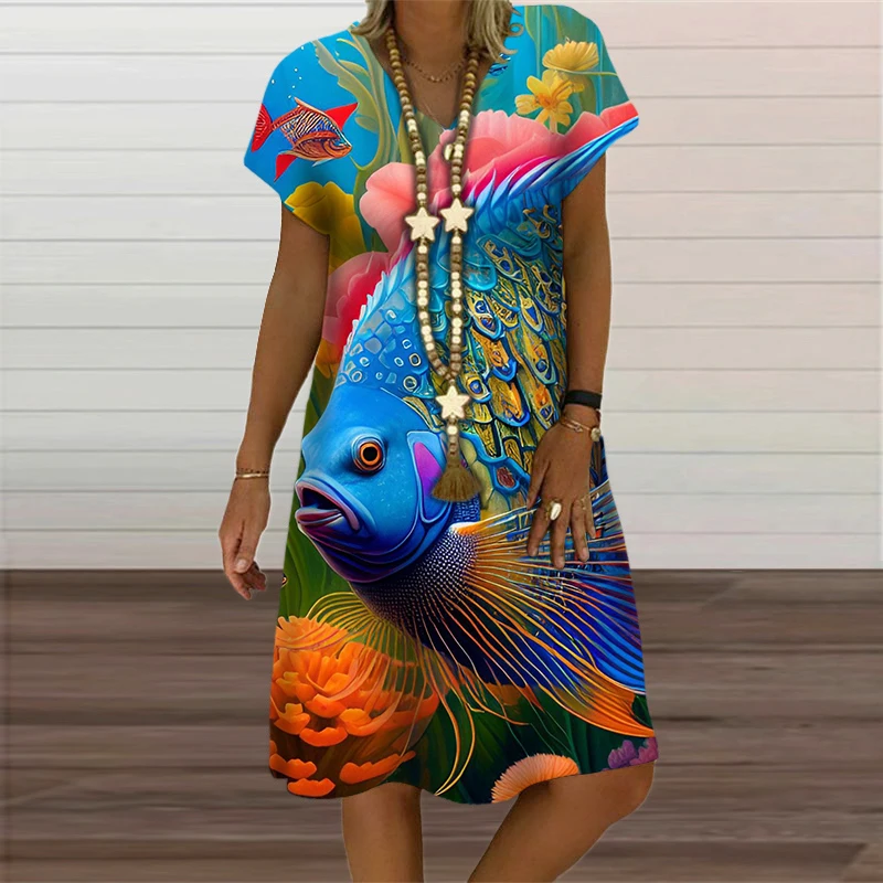 New Women Ocean Life Sea 3D Fish Print Dresses For 2023 Summer Beach Style Loose Short Sleeve Dress Casual V-Neck Woman Clothes
