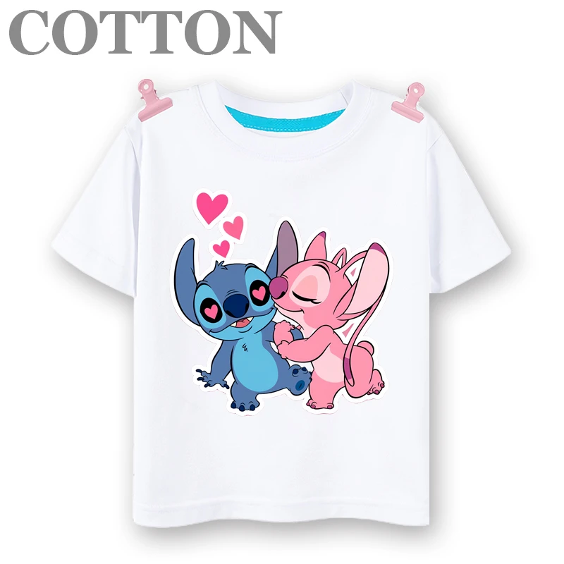 Disney Stitch Anime Summer Multiple Fashion Cotton Children\'s T-shirts Round Neck Casual Short Sleeve Print Pattern