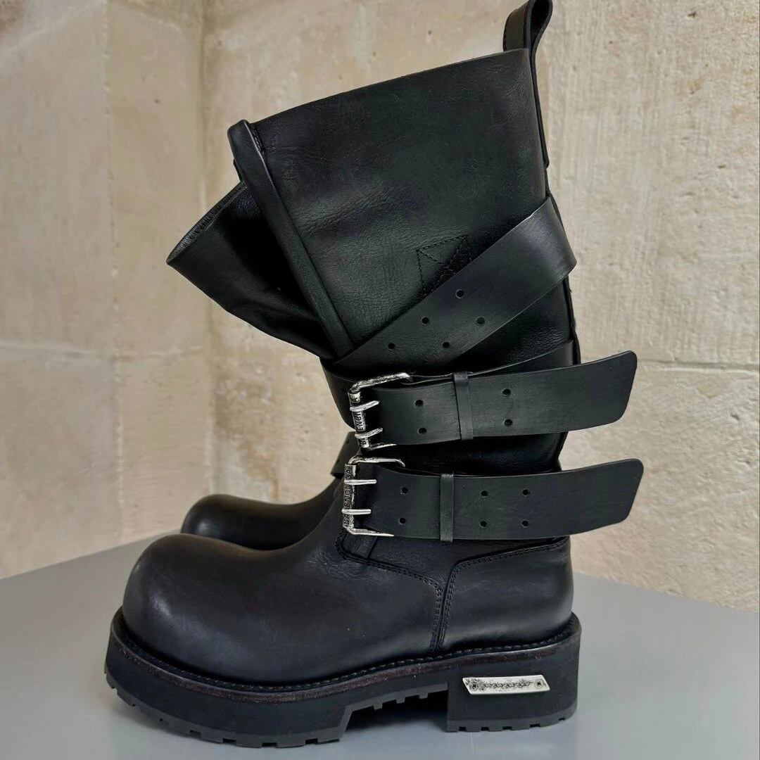 

Punk Style Workwear Boots with Belt Buckles for Men and Women Retro Genuine Leather Motorcycle Boots Black Platform Shoes