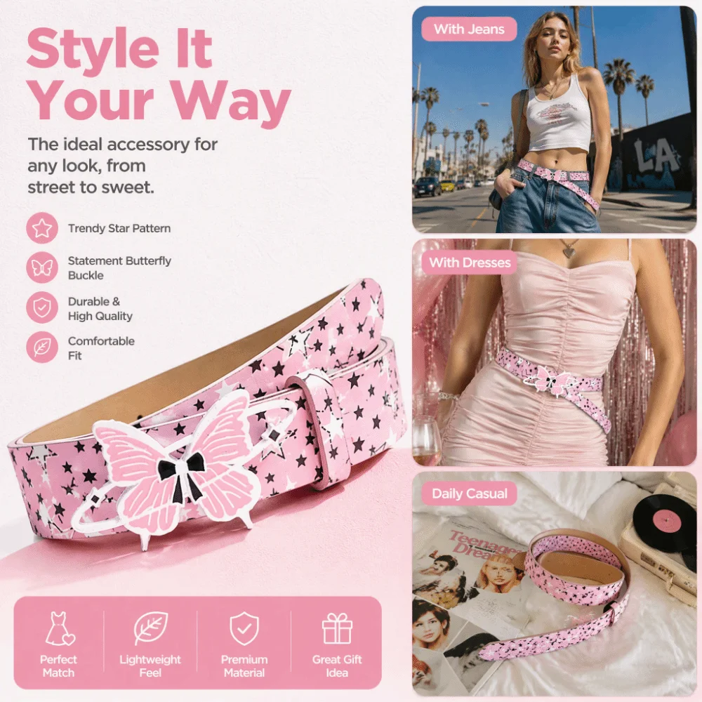 Smooth Surface PU Women Belt Star Pattern Alloy Waist Strap Y2K Style Butterfly Buckle Dress Belt Women Wear