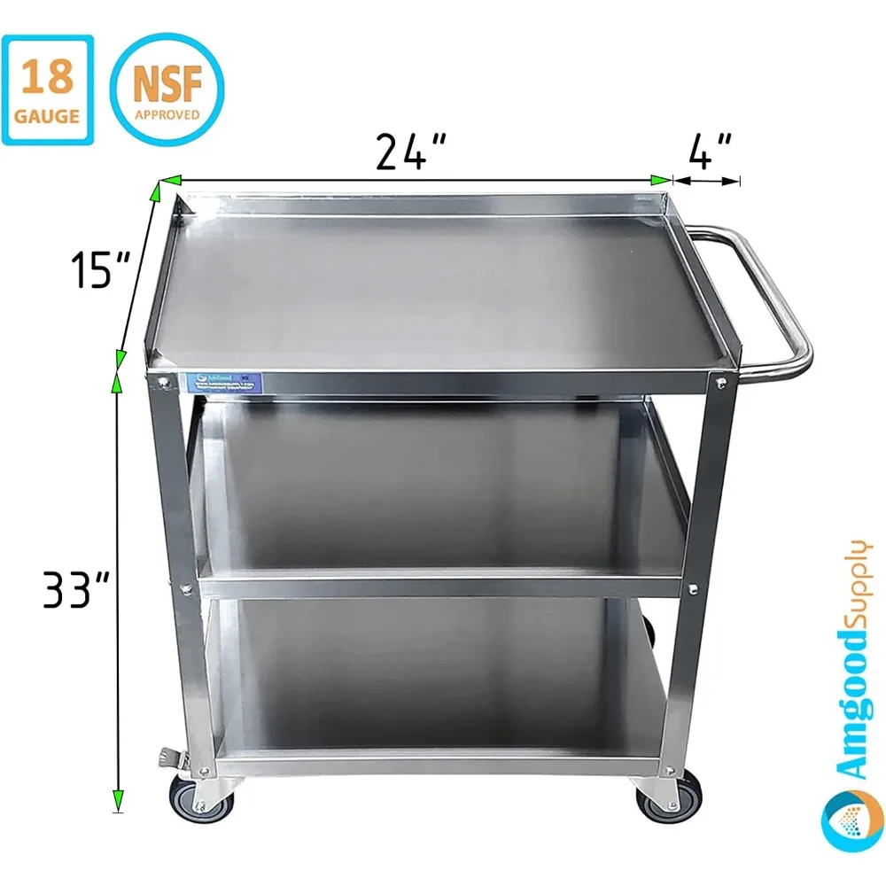 Stainless Steel Utility Cart | 3 Shelf Metal Utility Cart on Wheels with Handle | for Home & Business Use