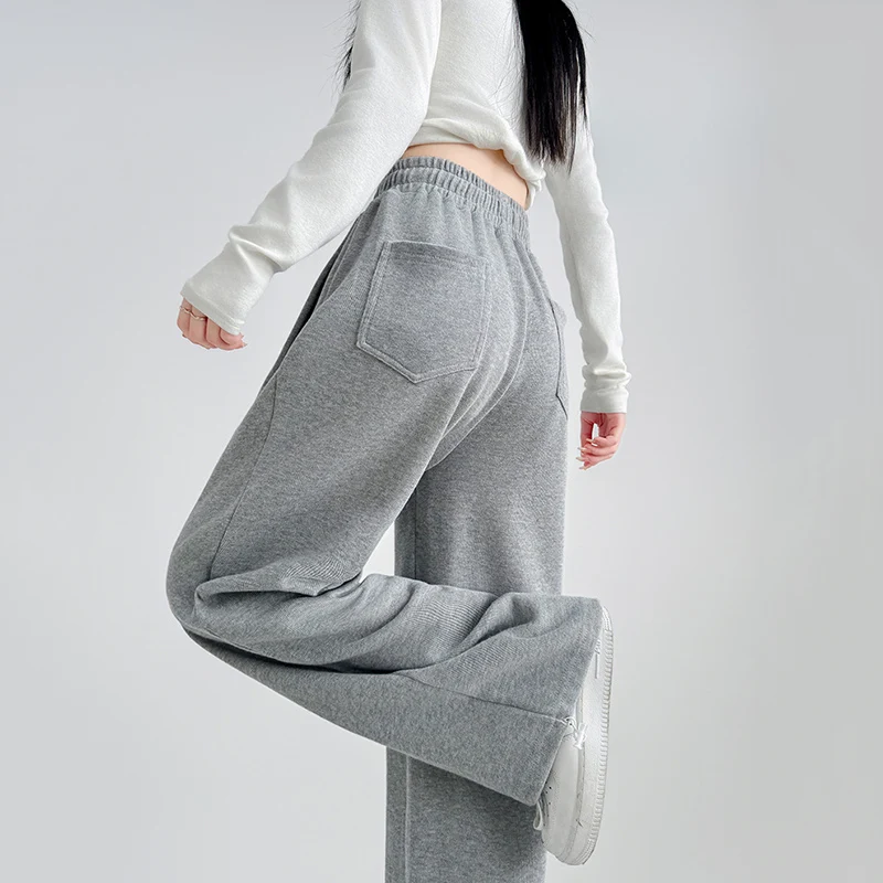 

Весенне-осенние широкие брюки с эластичной резинкой на талии, женские удобные прямые свободные спортивные брюки, черные, серые женские спортивные штаны с высокой талией