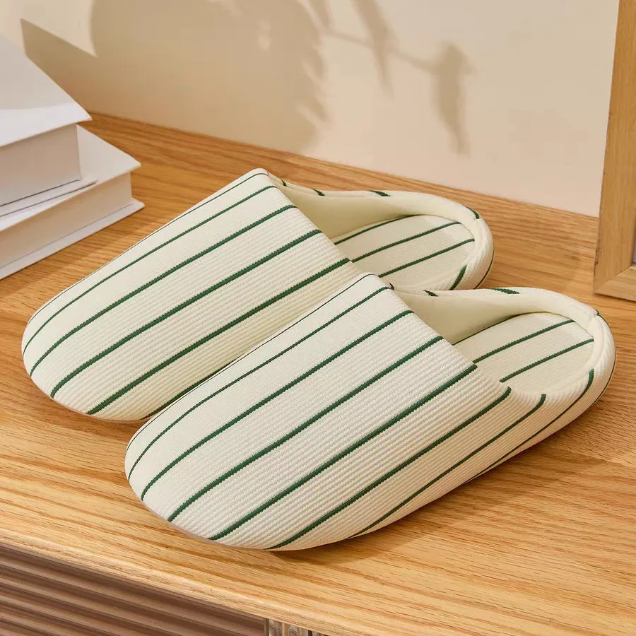 

Japanese Style Striped House Slippers Women Men Spring Autumn Comfortable Breathable Non-Slip Couples Bedroom Flats Slippers