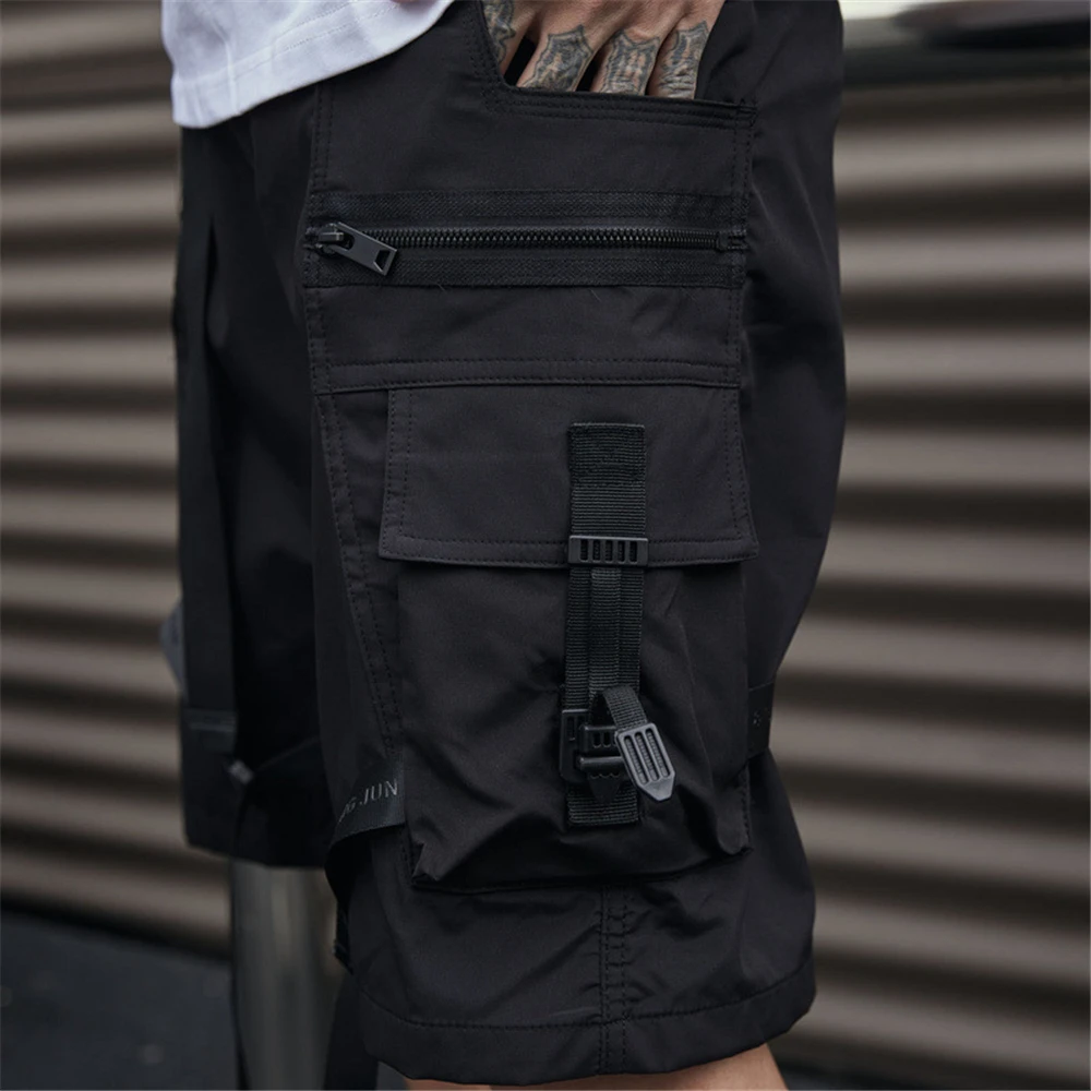 2024 Summer Cargo Shorts Multi Pocket Short Pant Tactical Functional Loose Streetwear Elastic Waist Shorts Black Techwear