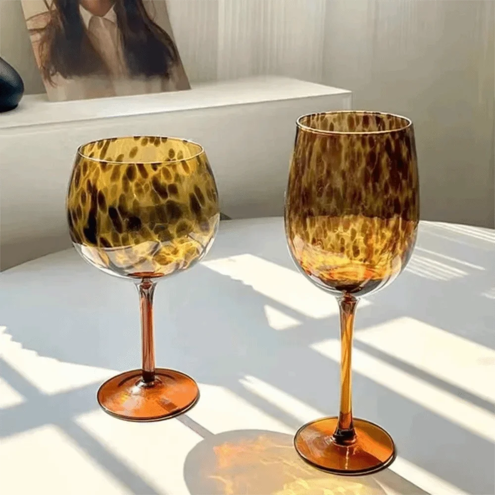 Elegant Vintage Amber Leopard Goblet Glass Heat-resistant Drink Cup Art Style Lightweight Water Cup Dinning Table