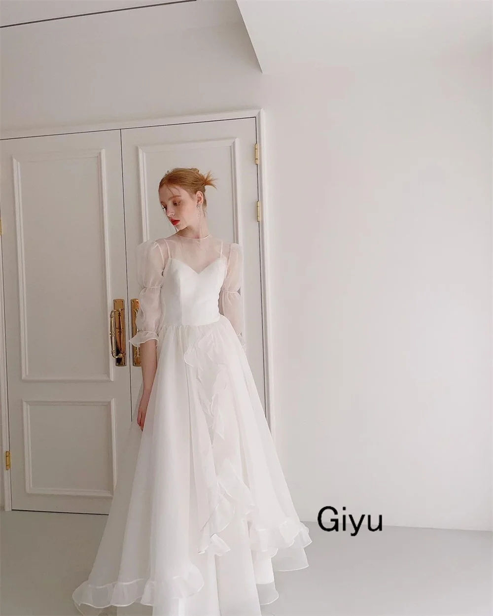 Giyu Simple A-line Wedding Dress For Woman O-Neck Draped Floor-length Pleat Vestidos Novias Boda Evening Gown Dress