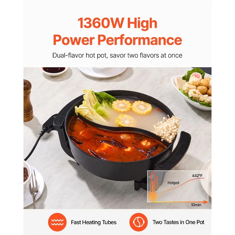 1360 watt electric hot pot 5 L double flavor pot non-stick divider transparent glass cover temperature control hot plate