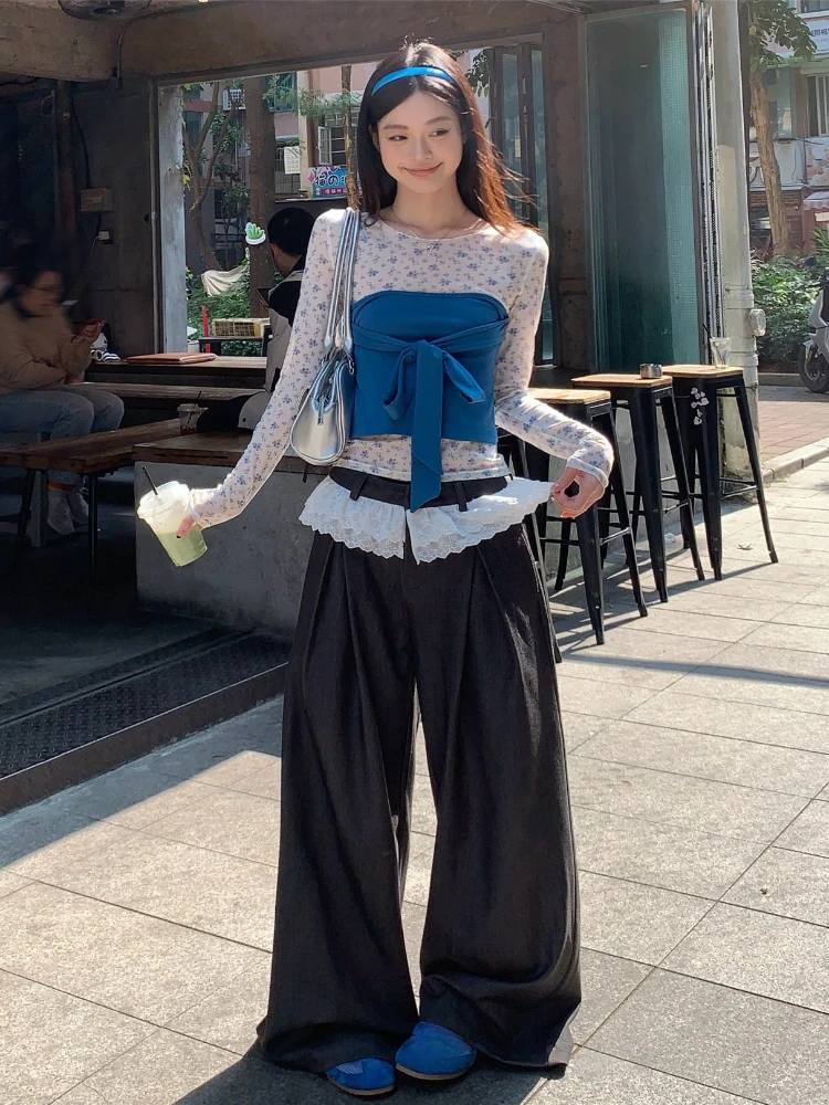 Y2k Aesthetic Two Pieces Set Women Vintage Flower Sun Protection T-shirt + Sexy Cropped Bandage Cropped 2026 Spring Grunge Suit
