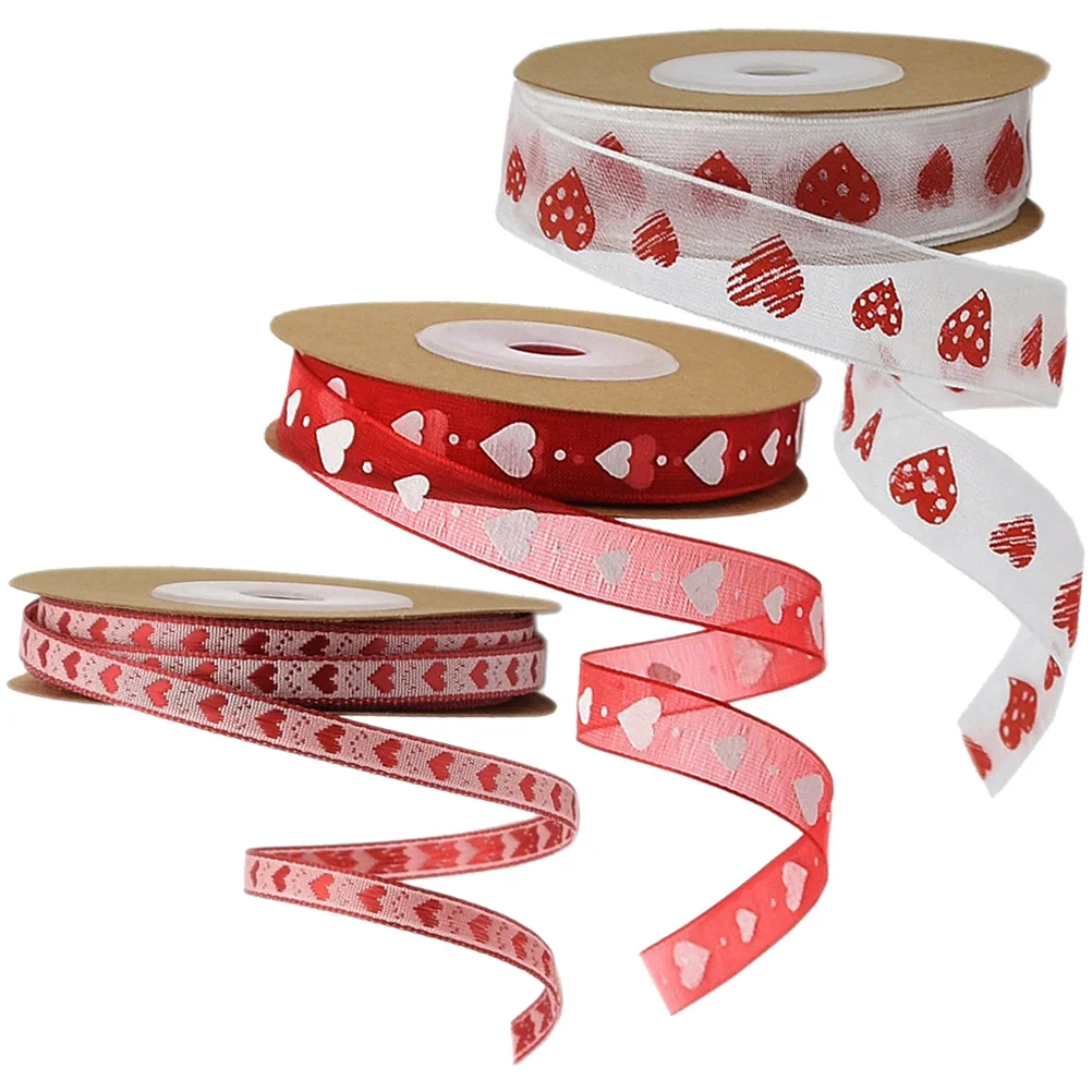 

3 Rolls Heart Pattern Jacquard Ribbon Loving Valentine's Day Gift Wrapping Ribbon Decorative Party Supplies Bow Making Ribbons