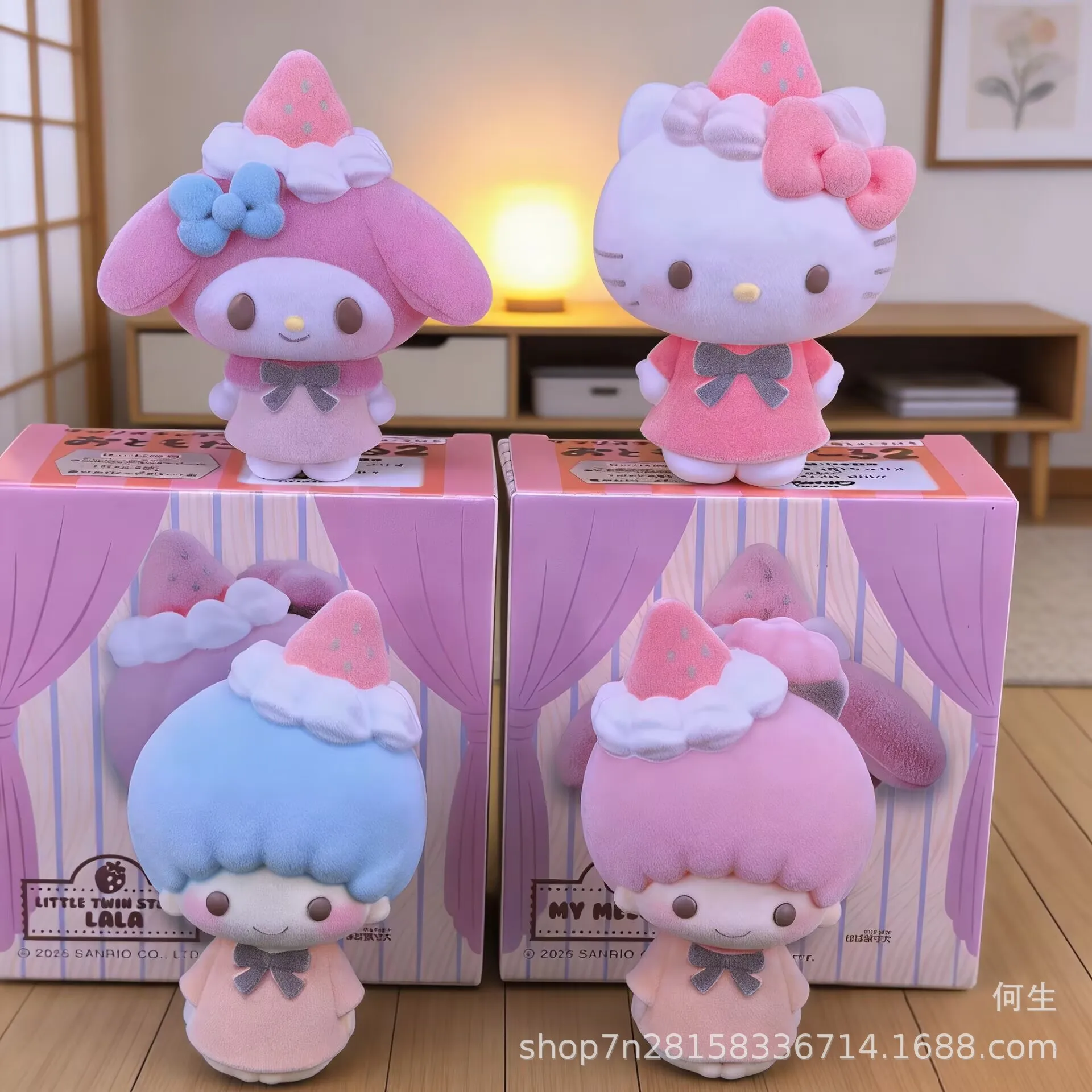 

Sanrio Characters Flocked Figure Blind Box Strawberry Series Kawaii Hello Kitty My Melody Little Twin Stars Collectible Toy Gift