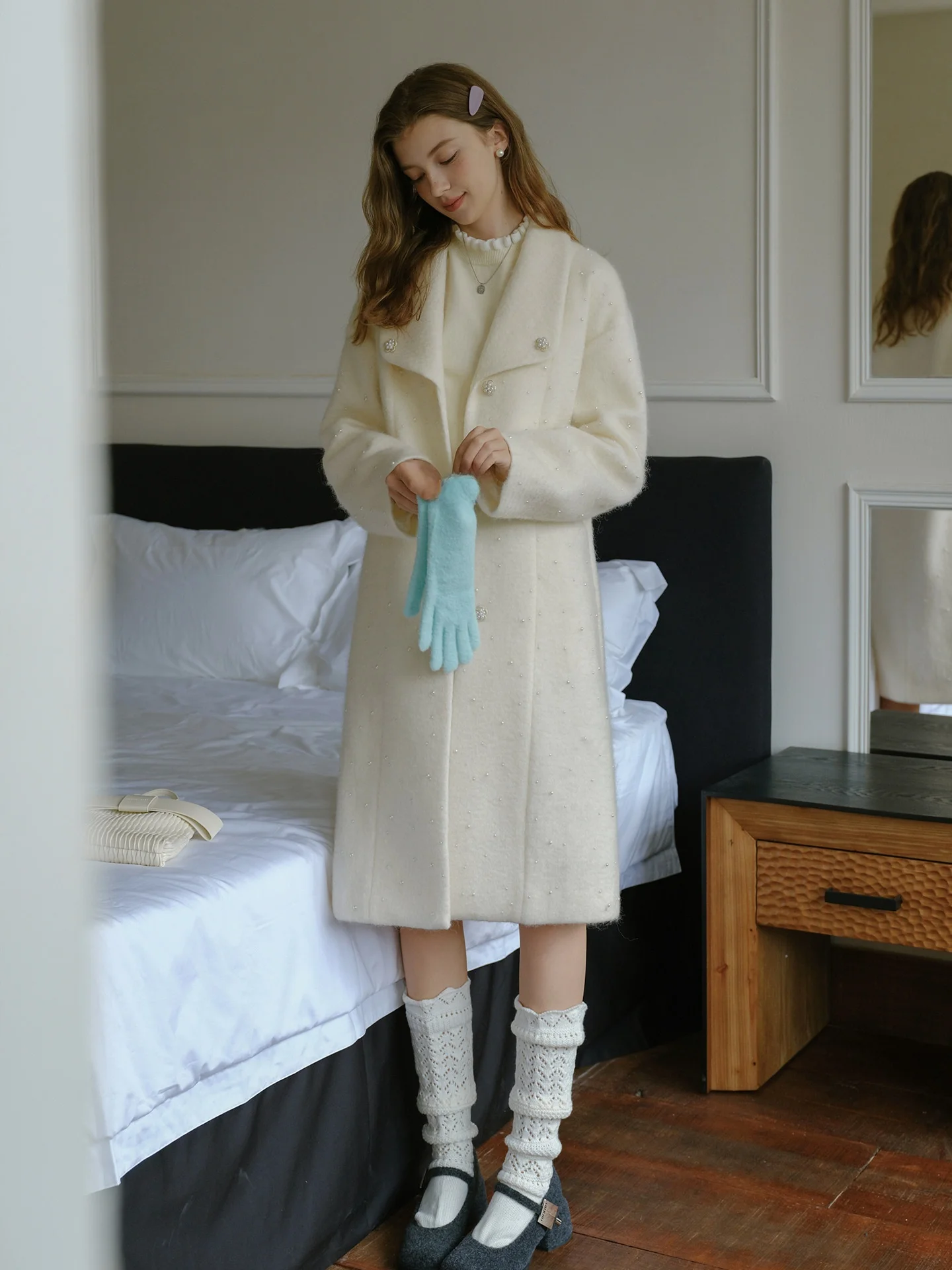 

Ele Long Woolen Coat in Beige with Bead Embelliments for Women Unique Sli Commute Wear Polyester And Wool Blend