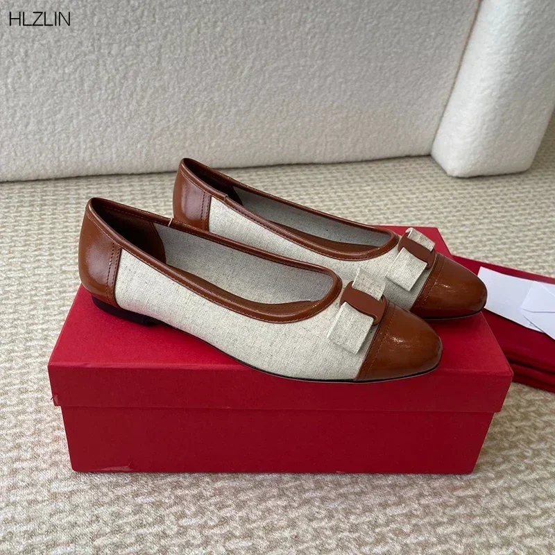 2024 summer and spring new color matching bow flat shoes cowhide patchwork linen elegant women's light mouth single shoes