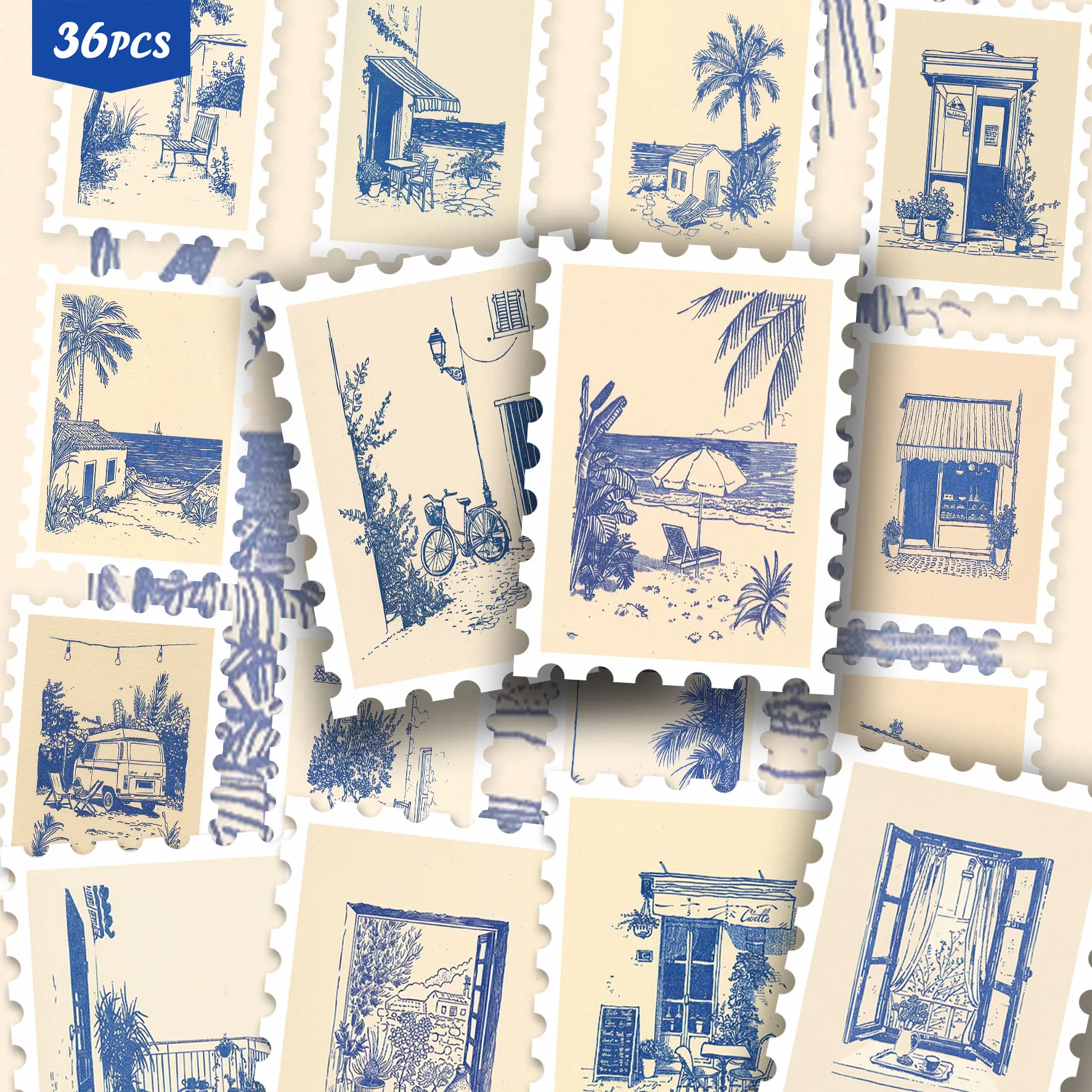 36PCS Minimalist Blue Ephemera Stickers, Mediterranean & Beach Line Art Sketch Aesthetic Cutout Sticker Set for Journals, Planne