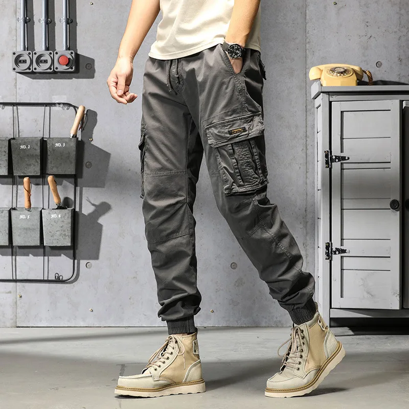 2023 New Cotton Multi-Pockets Cargo Pants Men\'s Slim Fit Joggers Streetwear Casual Trousers Elastic Waist Quality Pantalones