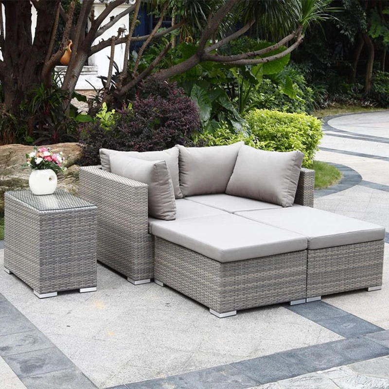 Outdoor sofa, rattan woven bed, leisure balcony, table and chair, sofa, five small family rattan sofa and chair