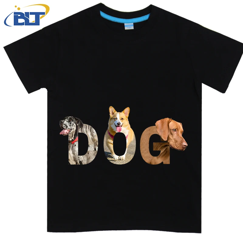 T-shirt de manga curta com logotipo do cão impresso, algodão puro, top casual, adequado para meninos e meninas