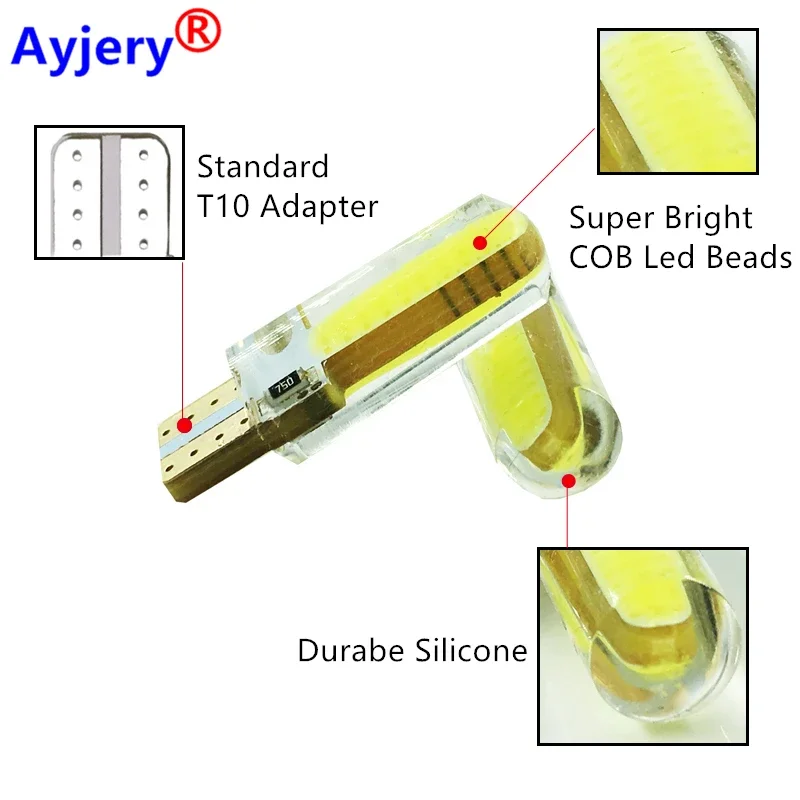 AYJERY 100PCS 12V Car Interior Lamps T10 194 168 W5W COB 6 SMD LED Silica Bright White Clearance License Light Bulbs Car Lights