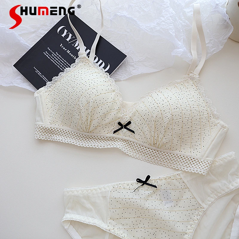 

Japanese Style Ultra Thin Dot Girl Intimates Sexy Hollow Edge Wireless Small Chest Brief Suits Women Push Up Minimizer Bra Set